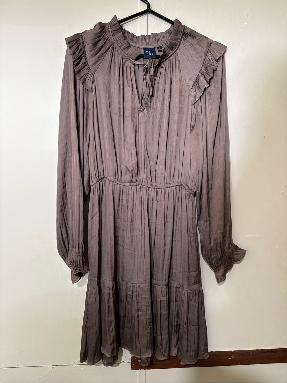 GAP Long Sleeve Ruffle Tiered Midi Dress in brown